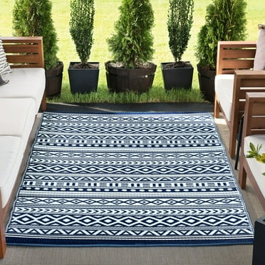 5x7 Waterproof, Reversible Plastic Straw Outdoor Rugs for Patios | Also for Camping, RV, Deck, Porch, Balcony, Camp, Patio | Navy, Stripe | Size: 5' x 6'11''