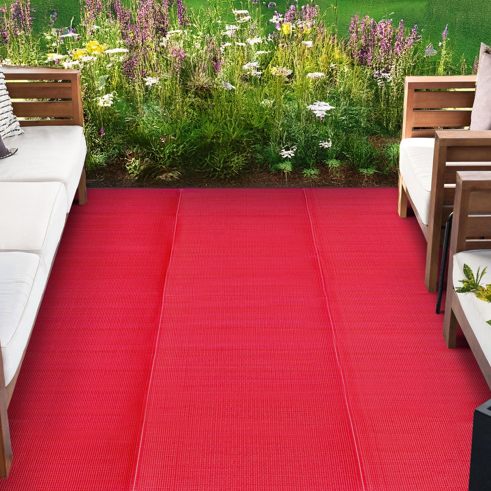 5x7 Waterproof, Reversible Plastic Straw Outdoor Rugs for Patios | Also for Camping, RV, Deck, Porch, Balcony, Camp, Patio | Red, Solid | Size: 5' x 6'11''