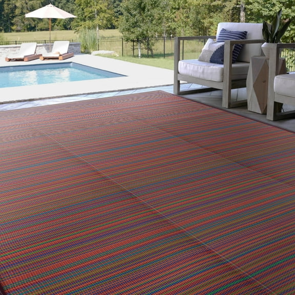 5x7 Waterproof, Reversible Plastic Straw Outdoor Rugs for Patios | Also for Camping, RV, Deck, Porch, Balcony, Camp, Patio | Red, Stripes | Size: 5' x 6'11''