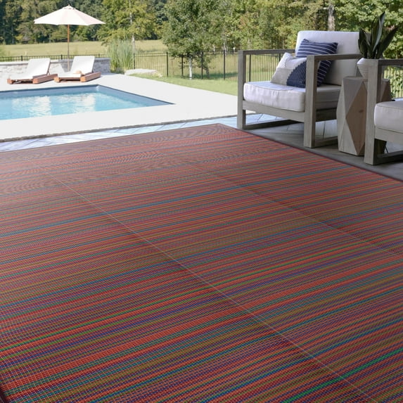 5x7 Waterproof, Reversible Plastic Straw Outdoor Rugs for Patios | Also for Camping, RV, Deck, Porch, Balcony, Camp, Patio | Red, Stripes | Size: 5' x 6'11''