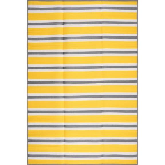 Luna Contemporary Stripe Yellow and Gray Polypropylene Reversible Plastic Straw Outdoor Area Rug, 5' x 6'11'' Rectangle