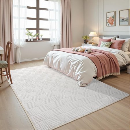 5x7 White Washable Shag Area Rug for Girls Bedroom, Modern Geometric Non Slip Living Room Rugs, Fluffy Soft Thick Carpet for Kids Room, Dorm, Office, and Home Decor