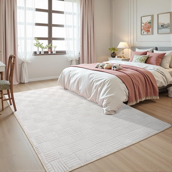 5x7 White Washable Shag Area Rug for Girls Bedroom, Modern Geometric Non Slip Living Room Rugs, Fluffy Soft Thick Carpet for Kids Room, Dorm, Office, and Home Decor