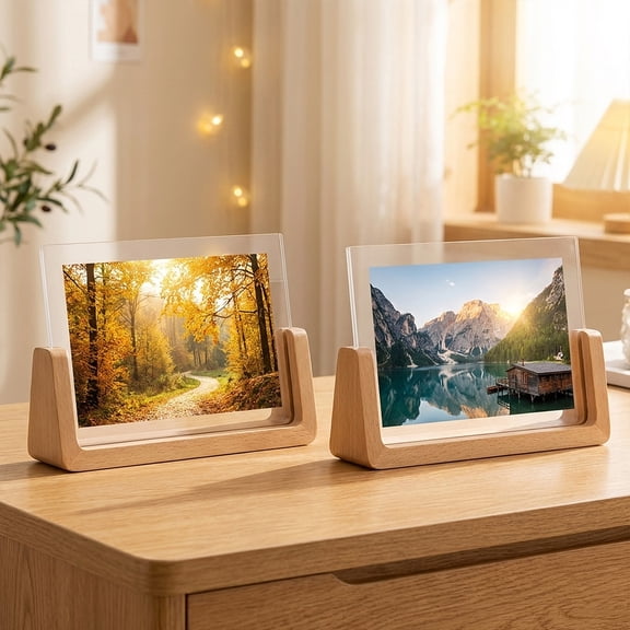 5x7 Rustic Wood Picture Frames Set of 2, U-Shaped Base Horizontal Photo Frames, Double Sided High Definition Acrylic Covers, Menu Holder Sign Card Stand for Tabletop Desktop Home Office Decor