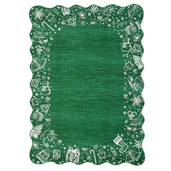 5x7 ft Green Christmas Area Rug, Scalloped Edge, Festive Trees & Bells, Washable, Non-Slip, Holiday Decor
