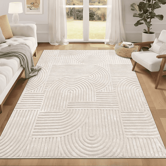 5'x 7' Geometric Beige Area Rug Washable, Durable Non-Slip Indoor Carpet with Soft High-Low Pile, Fluffy Floor Rugs for Living Room, Bedroom, Home Office Décor