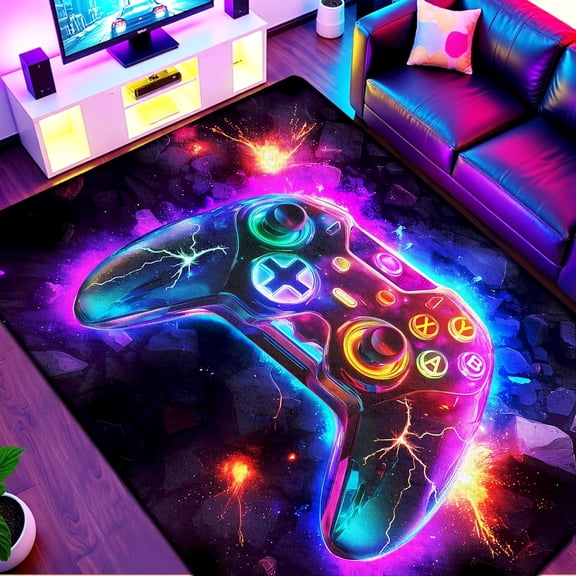5x7 ft Neon Game Controller Area Rug Low Pile Non Slip Video Game Themed Carpet