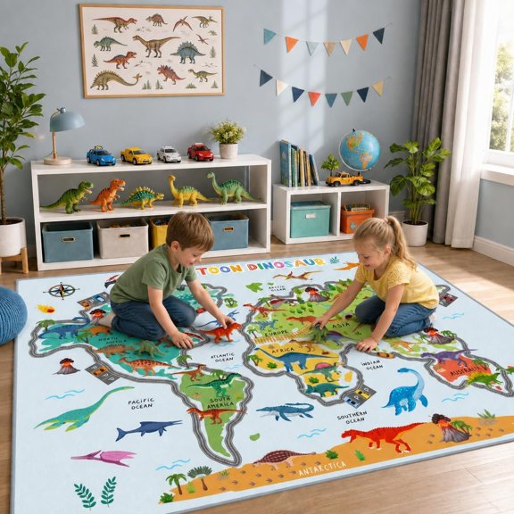 5x7 ft  Playroom Rug with Dinosaur World Road Map, Faux   Rug Play Mat for  , Washable Dino Carpet for Boys Bedroom Classroom  - Soft & Non-Slip