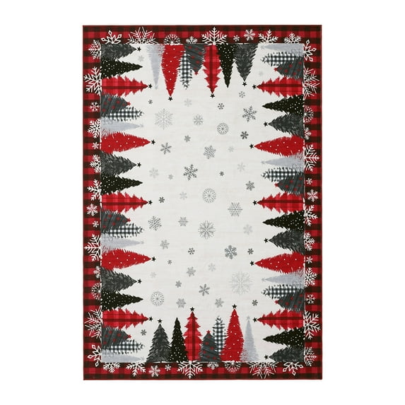 5x7 ft Red Christmas Area Rug, Tree Snowflake Checkered Print, Washable, Non-Slip, Holiday Living Room