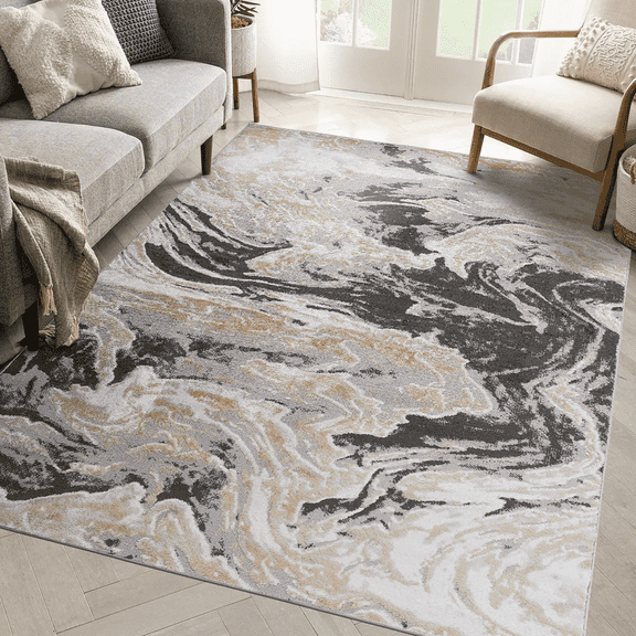 5x7 grey abstract area rug stain resistant non shedding soft loop pile kid pet friendly durable for living room bedroom dining room home office