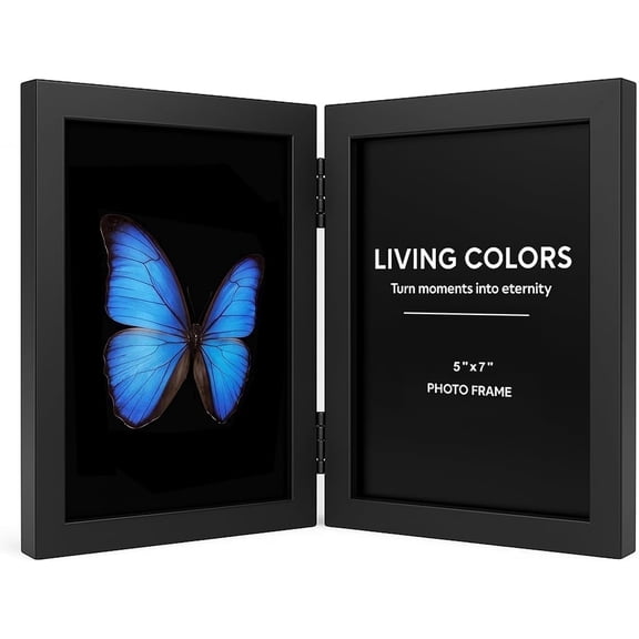 WARM&LOVE Black 5x7 Hinged Double Wooden Picture Frame, Folding Vertical Tabletop Desktop Photo Frame