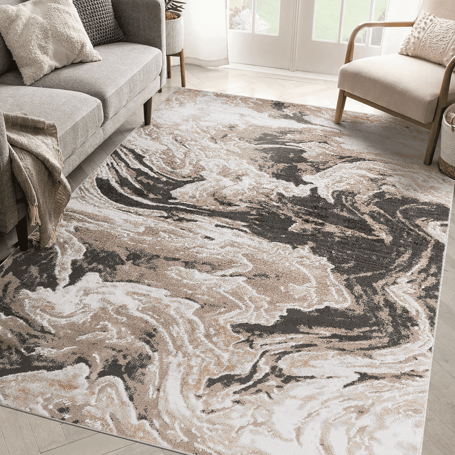 5x7 light brown abstract area rug stain resistant non shedding soft loop pile kid pet friendly durable for living room bedroom dining room home office