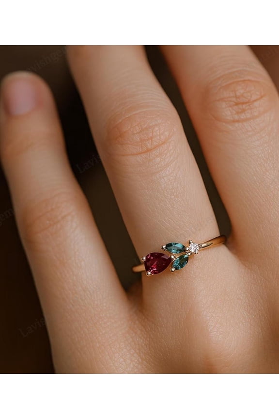 5x7 mm Vintage Pear Ruby & Marquise Emerald Rose Flower Ring With Round Moissanite, Floral Wedding Ring