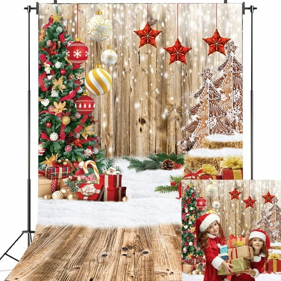 5x7FT Christmas Wood Wall Backdrop Rustic Wooden Floor Photography Background Winter Holiday Glitter Christmas Party Decoration for Kids Portrait Photo Props