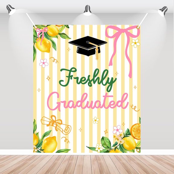 5x7FT Freshly Graduated Backdrop Graduation Lemonade Bar Background Lemon Pink Bow Congrats Grad Party Decorations Banner Supplies Photo Booth Props