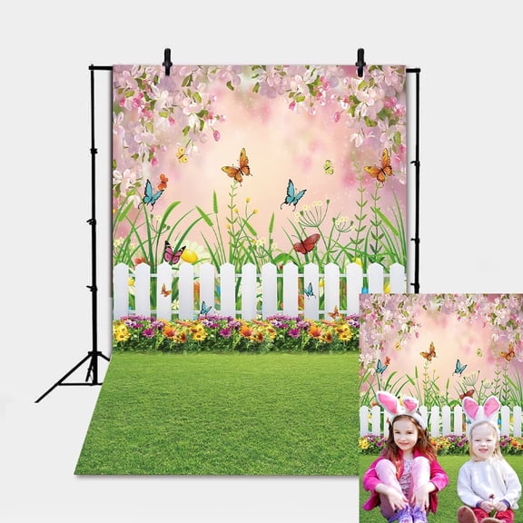 5x7FT Spring Backdrop Easter Garden Background Green Grass Lawn Floral Butterfly Fence Easter Photo Booth Props