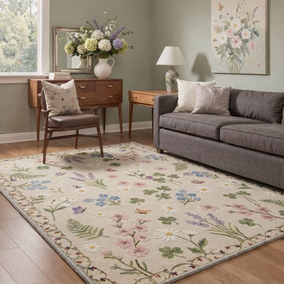 5x7 Washable Rugs for Living Room Non Slip Backing Low Pile Light Weight Print Pattern Area Rugs for Bedroom Indoor Wild Flora Ivory Cream