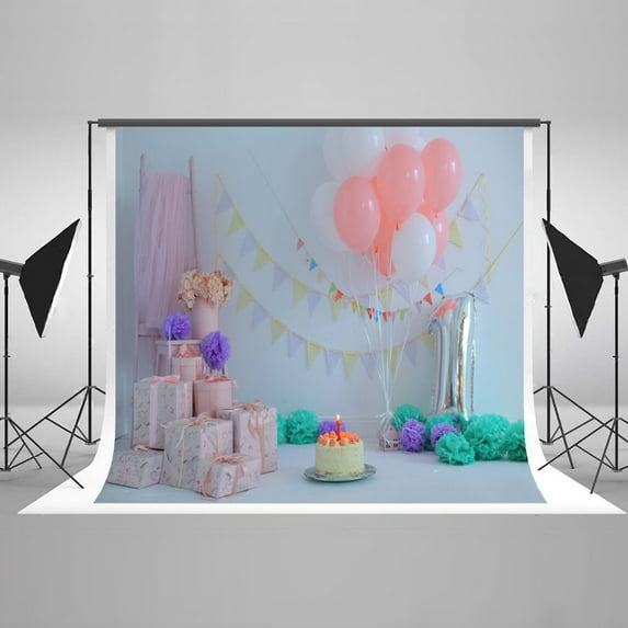 5x7ft Birthday Party Photography Backdrops Color Balloon and Cake Backgound Color flag with Gift for Children Photo Studio