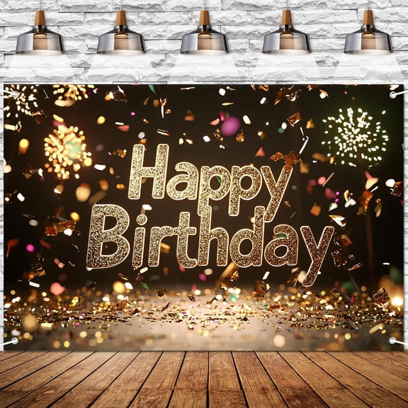 5x7ft Black Gold Birthday Backdrop Banner - Metallic Glitter Photography Background with Gold Balloons, Confetti and Firework Bokeh for Women Men Party Decoration, Graduation Prom Studio Props