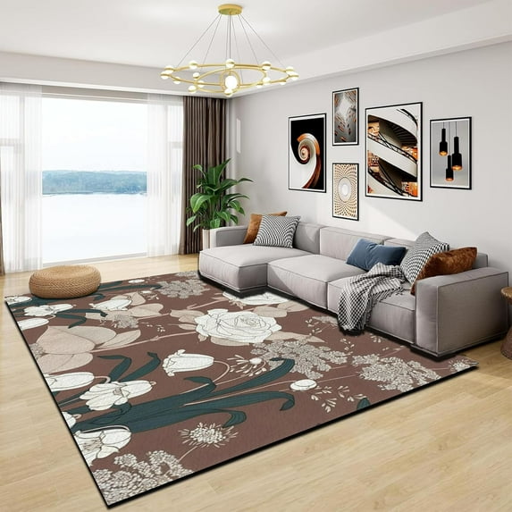 5x7ft Colorful Floral Area Rug Door Mat Boho Flower Retro Entryway Mats Non-Slip Washable Rugs Vintage Bohemia Floor Carpet Decor For Kitchen Indoor Living Room Bedroom, Brown
