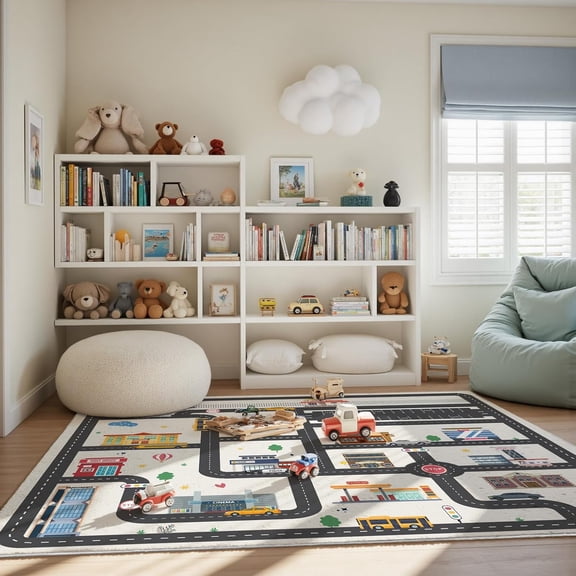 Kids City Road Car Play Rug - Non-Slip Faux Wool Carpet with Interactive City Map Design