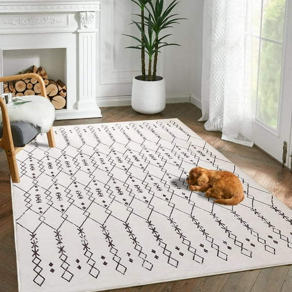 5x7ft Moroccan Area Rugs Living Room Rugs Modern Abstract Rug Geometric Carpet Non-slip Medium Pile Rug Large Rugs For Living Room Soft Bedroom Floor Mat (Beige/Ivory)