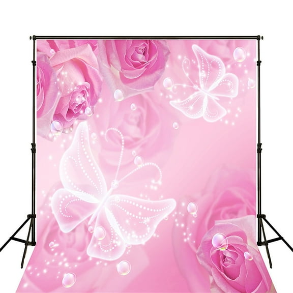5x7ft Photography Backdrop Damask Pink Rose Flowers with Crystal Butterflies for Wedding Photo Booth