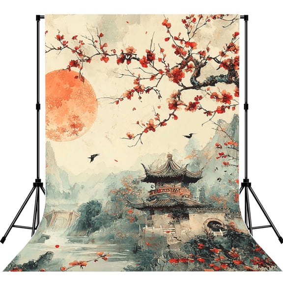 5x7ft Photography Backdrop Photo Studio Background with 4-inch Rod Pocket, Soft Screen, Ancient Chinese Chinoiserie Retro