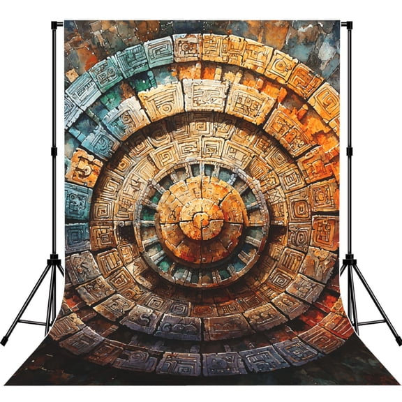 5x7ft Photography Backdrop Photo Studio Background with 4-inch Rod Pocket, Soft Screen, Aztec Calendar Mayan Watercolor