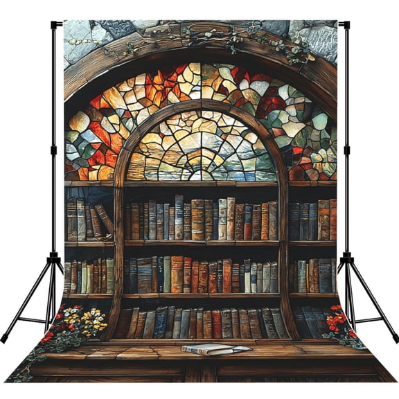 5x7ft Photography Backdrop Photo Studio Background with 4-inch Rod Pocket, Soft Screen, Bookshelf Library Stained Glass