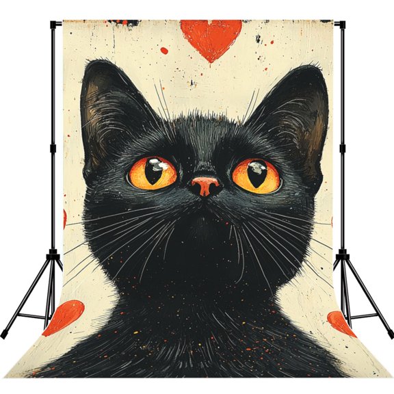 5x7ft Photography Backdrop Photo Studio Background with 4-inch Rod Pocket, Soft Screen, Cat Hearts Patterns Retro