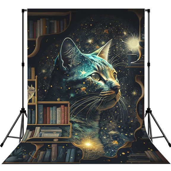 5x7ft Photography Backdrop Photo Studio Background with 4-inch Rod Pocket, Soft Screen, Cat Starry Bookcase Library