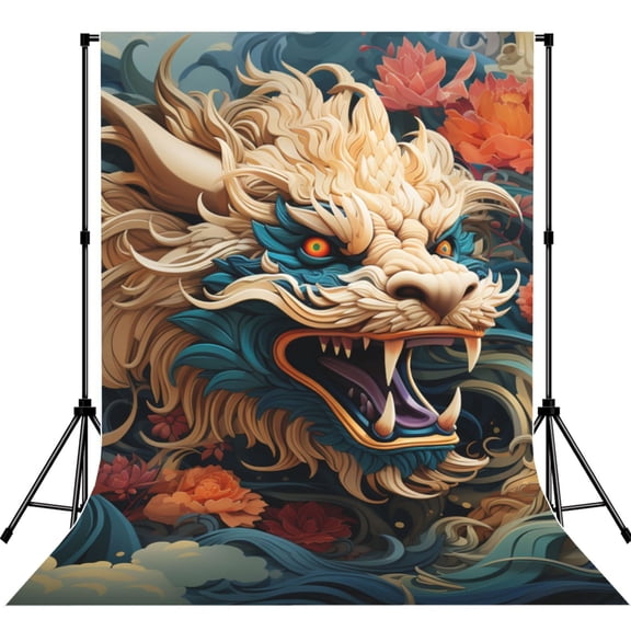 5x7ft Photography Backdrop Photo Studio Background with 4-inch Rod Pocket, Soft Screen, Chinese Dragon Art