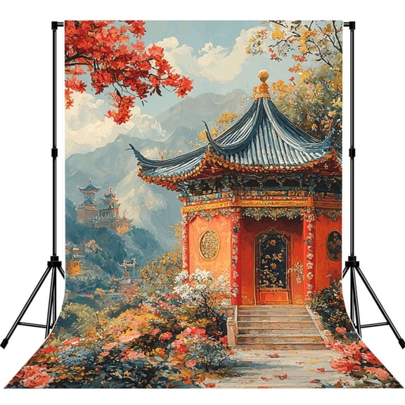 5x7ft Photography Backdrop Photo Studio Background with 4-inch Rod Pocket, Soft Screen, Chinoiserie Temple Chinese