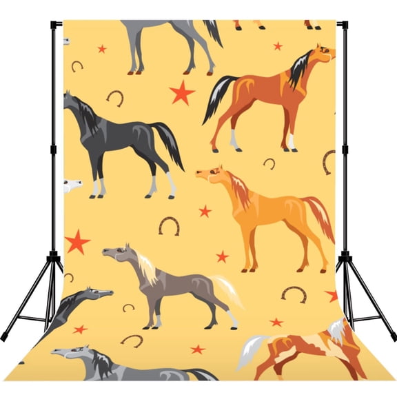 5x7ft Photography Backdrop Photo Studio Background with 4-inch Rod Pocket, Soft Screen, Colorful Horses Stars Horseshoes