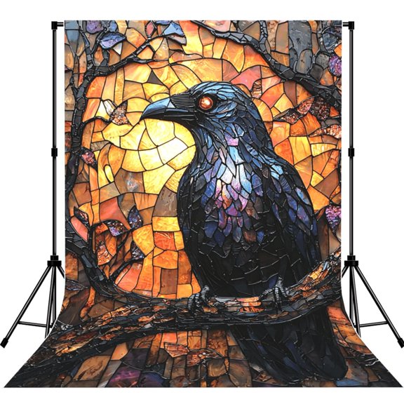5x7ft Photography Backdrop Photo Studio Background with 4-inch Rod Pocket, Soft Screen, Dark Crow Stained Glass Art