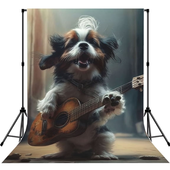 5x7ft Photography Backdrop Photo Studio Background with 4-inch Rod Pocket, Soft Screen, Dog Playing Guitar Cute Music
