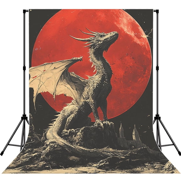 5x7ft Photography Backdrop Photo Studio Background with 4-inch Rod Pocket, Soft Screen, Dragon Gothic Retro Red Moon