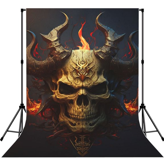 5x7ft Photography Backdrop Photo Studio Background with 4-inch Rod Pocket, Soft Screen, Fire Demon Satanic Skull