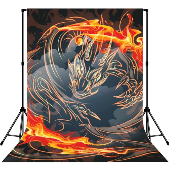 5x7ft Photography Backdrop Photo Studio Background with 4-inch Rod Pocket, Soft Screen, Fire Gragon Red Flame