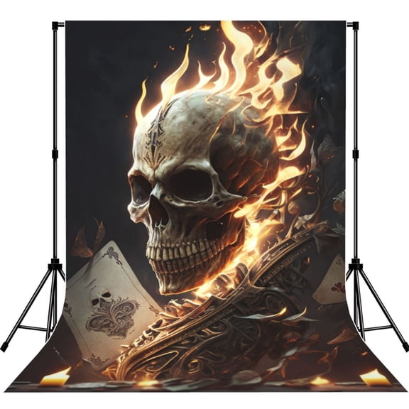5x7ft Photography Backdrop Photo Studio Background with 4-inch Rod Pocket, Soft Screen, Fire Skull Playing Flaming Cards