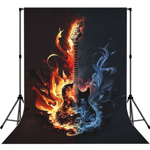 5x7ft Photography Backdrop Photo Studio Background with 4-inch Rod Pocket, Soft Screen, Flaming Burning Guitar Red Blue Fire
