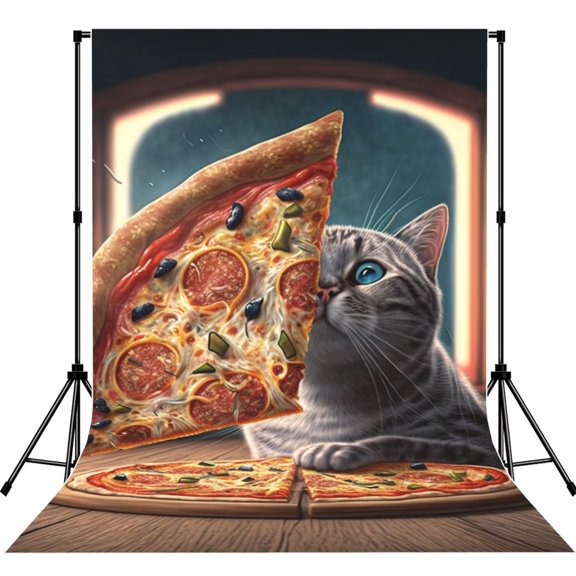 5x7ft Photography Backdrop Photo Studio Background with 4-inch Rod Pocket, Soft Screen, Funny Cat Loves Pizza Art