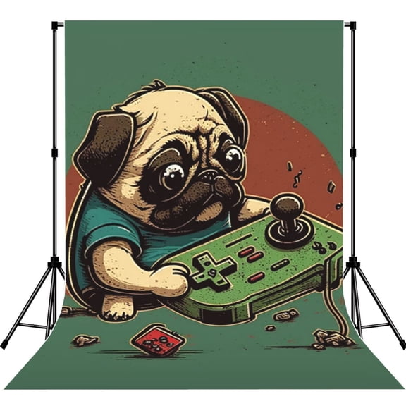 5x7ft Photography Backdrop Photo Studio Background with 4-inch Rod Pocket, Soft Screen, Funny Pug Play Games Retro