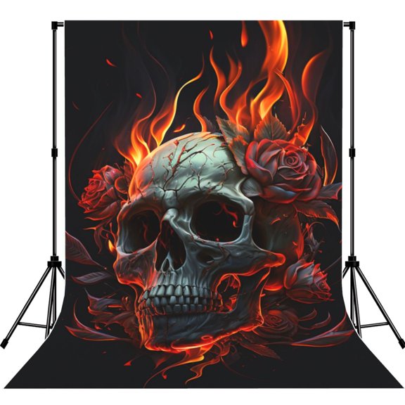 5x7ft Photography Backdrop Photo Studio Background with 4-inch Rod Pocket, Soft Screen, Ghost Fire Skull Burning Roses