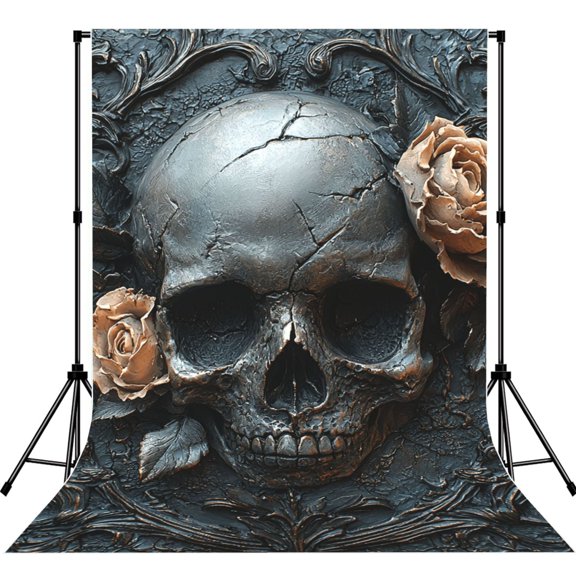 5x7ft Photography Backdrop Photo Studio Background with 4-inch Rod Pocket, Soft Screen, Gothic Satanic Skull Rose