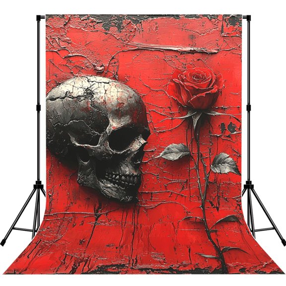 5x7ft Photography Backdrop Photo Studio Background with 4-inch Rod Pocket, Soft Screen, Gothic Skull Rose Red