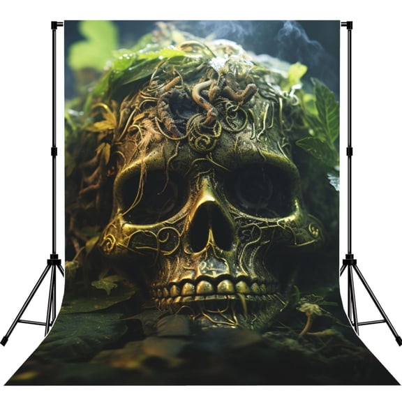 5x7ft Photography Backdrop Photo Studio Background with 4-inch Rod Pocket, Soft Screen, Green Weed Cool Skull
