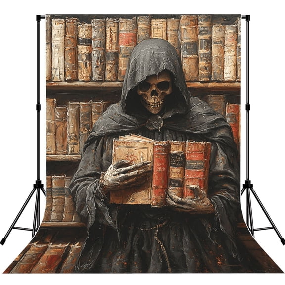 5x7ft Photography Backdrop Photo Studio Background with 4-inch Rod Pocket, Soft Screen, Grim Reaper Bookshelf Books