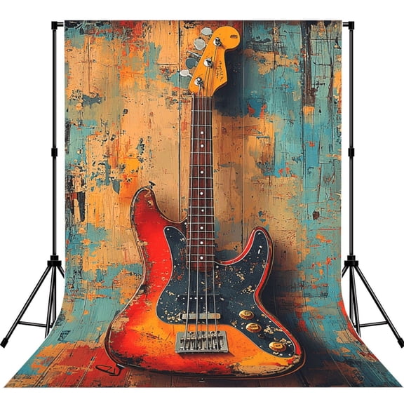 5x7ft Photography Backdrop Photo Studio Background with 4-inch Rod Pocket, Soft Screen, Guitar Bass Music Retro